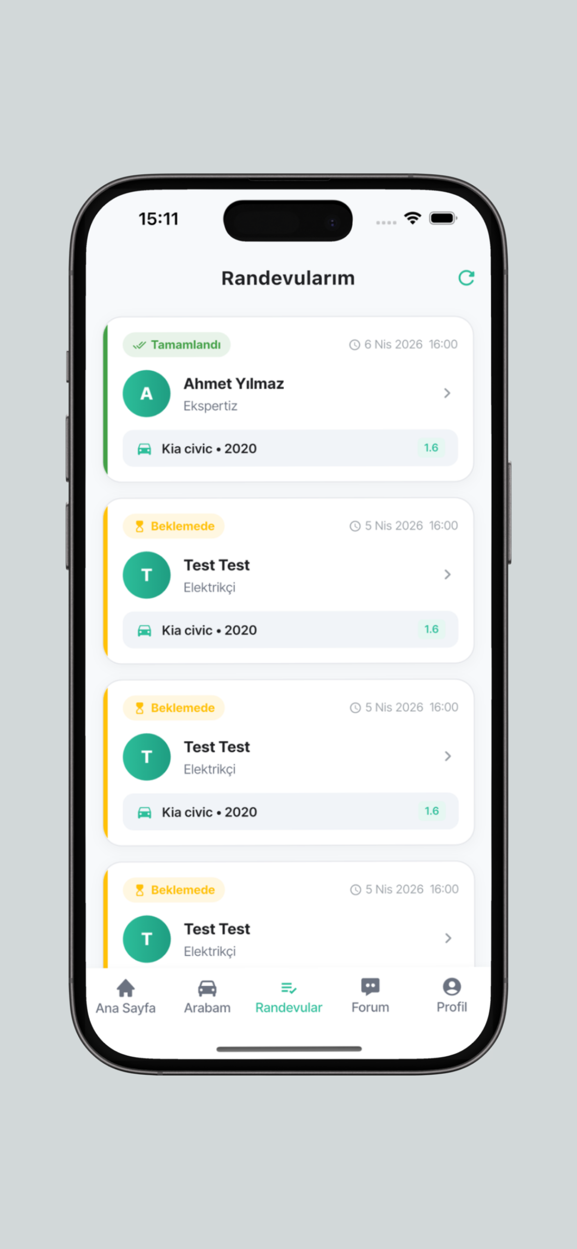 E-Oto Sanayi Randevular Ekranı